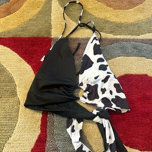 Shein Black White Cow Print Y2K Western Crop Halter Top Low Cut Open Back Small